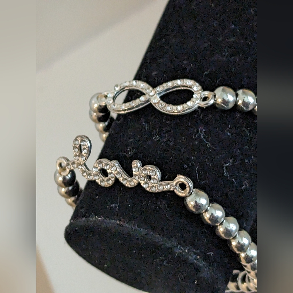 Bracelet Set Love Infinity Duo Beaded In Silver w/Accents Stretchy - Picture 6 of 8